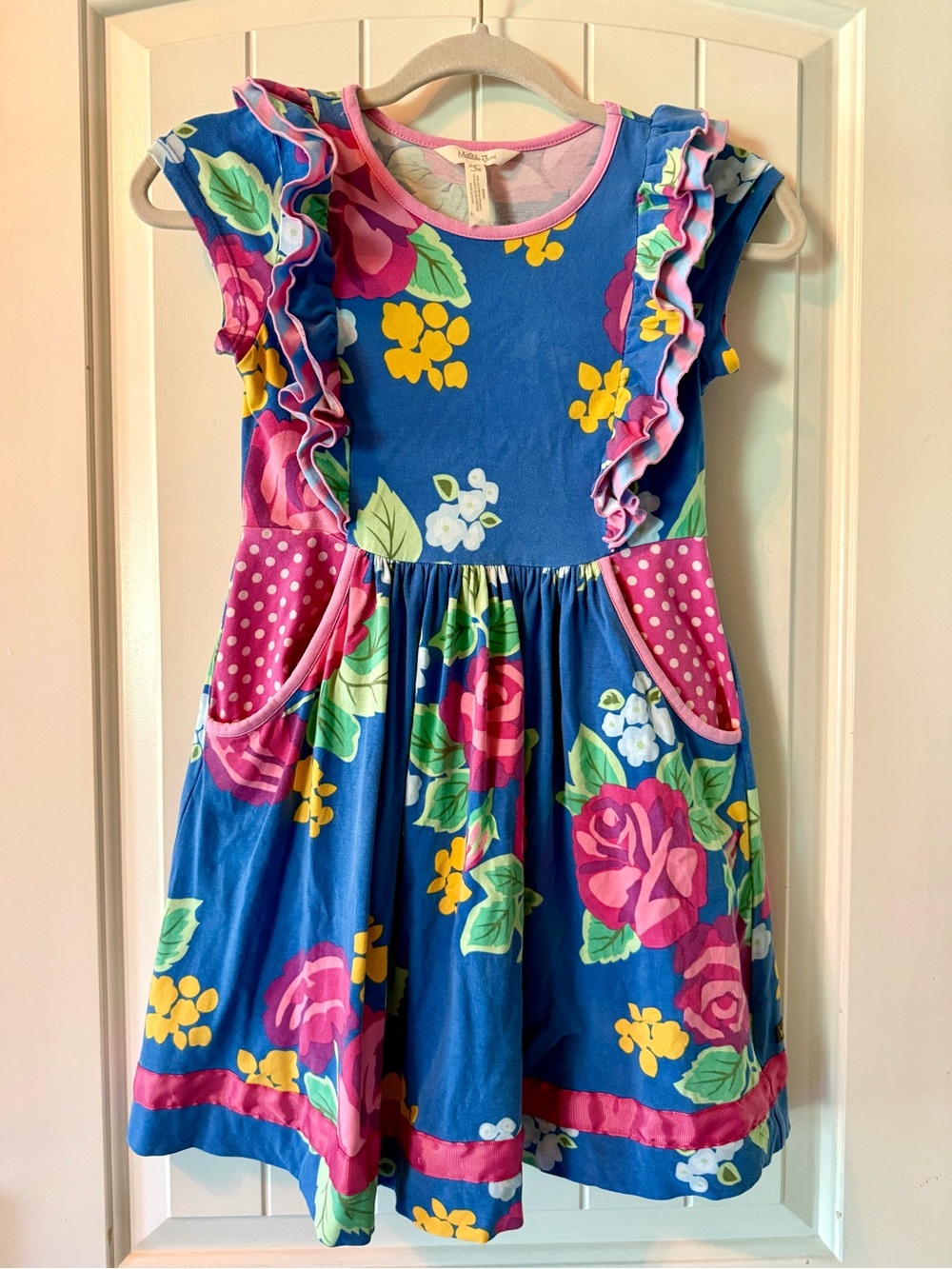 Matilda Jane Bright Blue Floral Ruffle Dress with Pink Accents